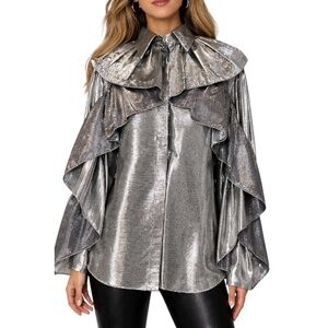 Alberta Ferretti Silver Metallic Ruffle Blouse Designer Top NWT Size 6